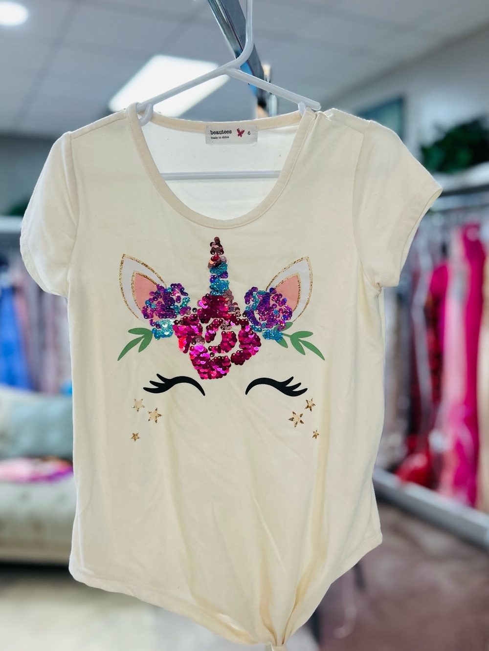 Beautees Cream Unicorn Sequin Short Sleeve Tee